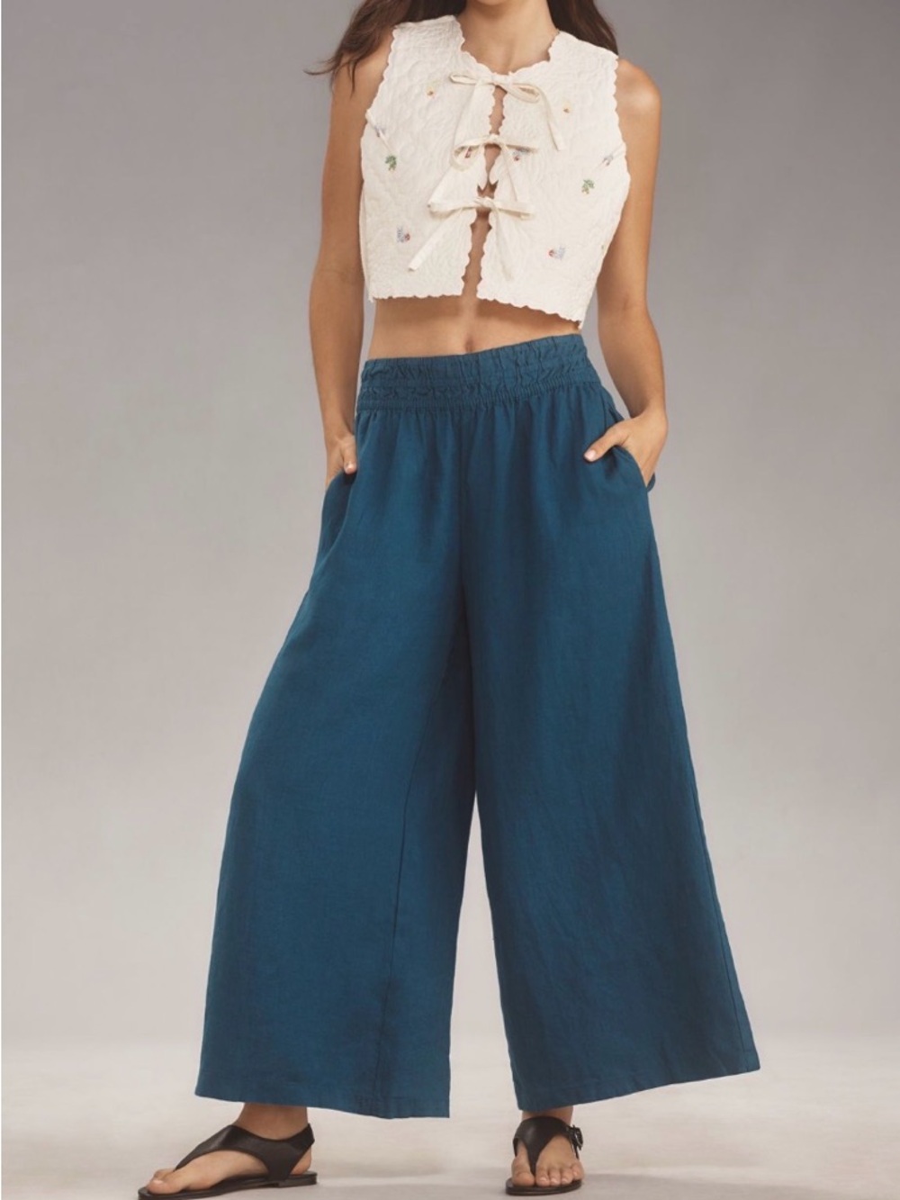 Somerset Linen Pants Anthropologie Pull-on Smocked Elastic Waist Pockets S NWT - Picture 7 of 16